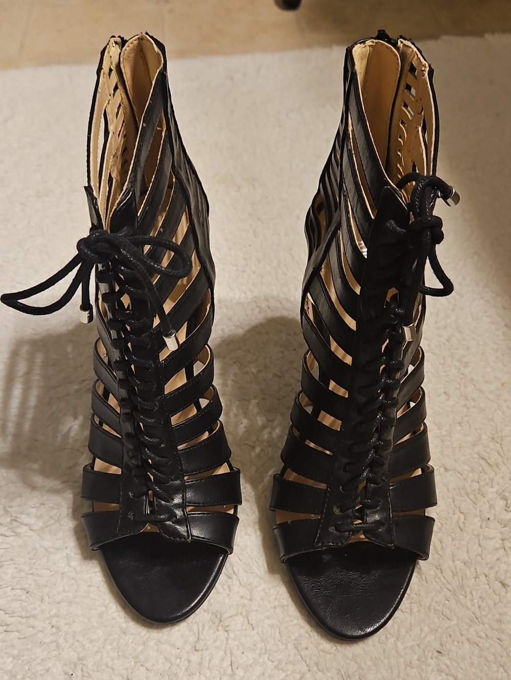 Nine West Black Lace-Up Cage Stiletto Sandals